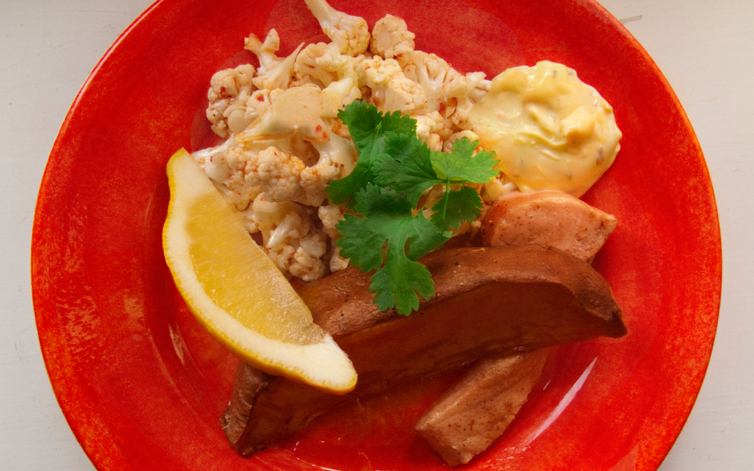 Chili Cauliflower With Salmon And Baked Sweet Potatoes