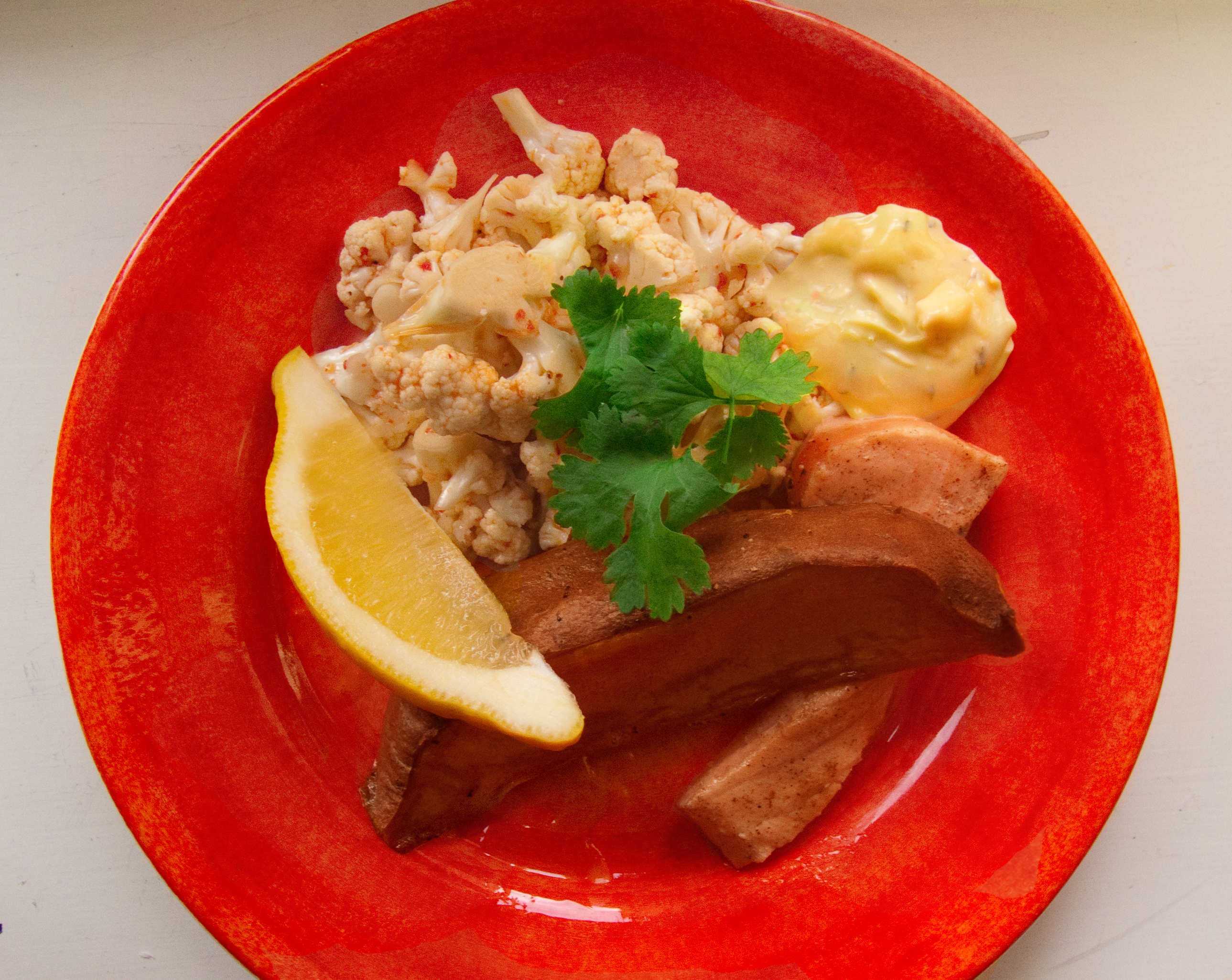 Chili Cauliflower With Salmon And Baked Sweet Potatoes