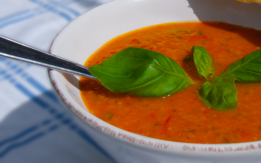 Creamy Healthy Tomato Soup With Grilled Red Peppers – Served with Parmesan Sticks