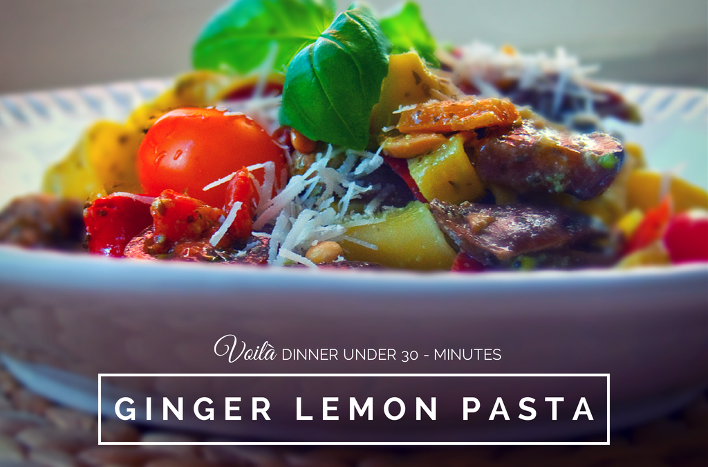 Lemon Ginger Pesto Served with Grilled Vegetables and Tagliatelle