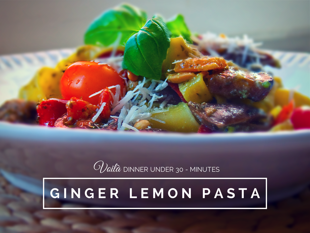 Lemon Ginger Pasta served-with-grilled Vegetables and Tagliatelle